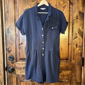 ✨Beach Lunch Lounge Women's Cuff Sleeve Romper in Blue Gauze 100% Cotton Size L